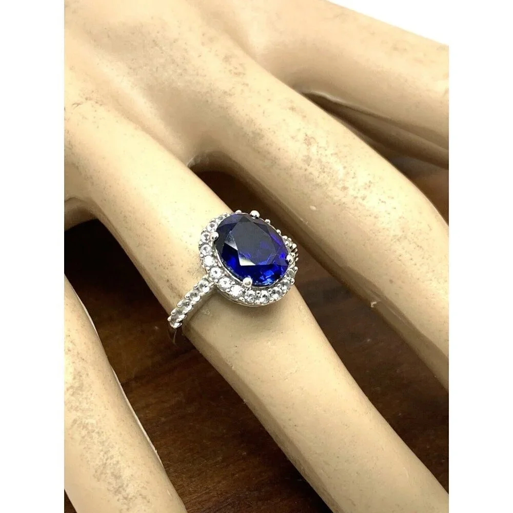 Engagement Ring 10k White Gold Blue Oval Cubic Zirconia Women's Jewelry …